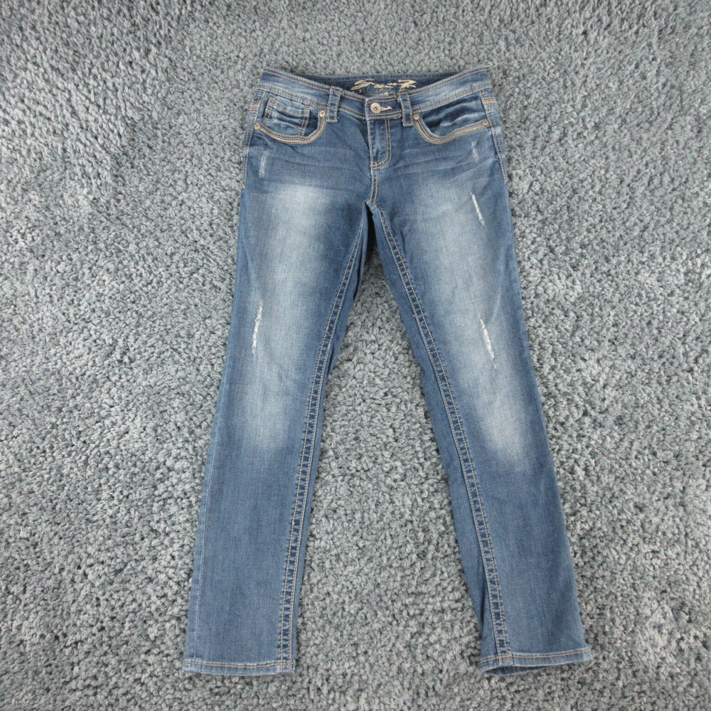Seven7 Jeans Womens 8 Blue Denim Embroidered Slim Straight 30x29* Distressed
